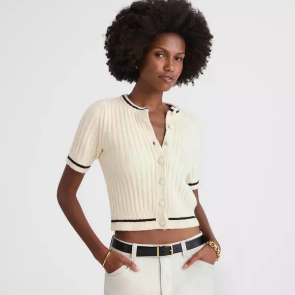 Madewell Sweaters - Madewell NWT Puff Sleeve Cardigan Cream Short Sleeve Cardigan with Black Trim XL